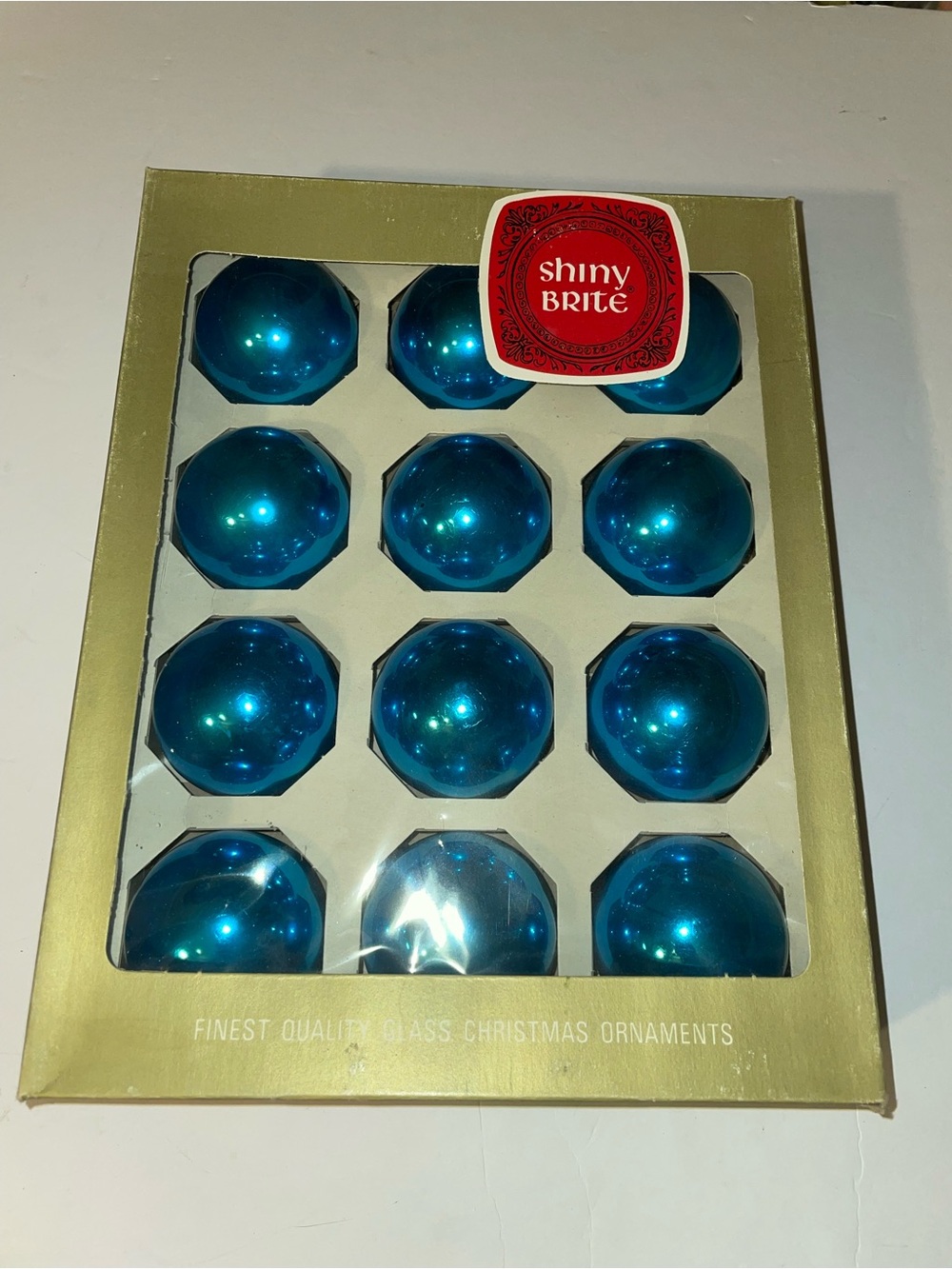 Vintage Shiny Brite Glass Blue Christmas Ornaments Set of 12 with Box 1965